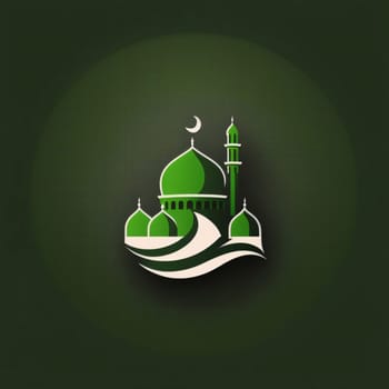 Logo concept green mosque tower with wave on green background. Mosque as a place of prayer for Muslims. A time to meet with Allah.