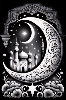 Decorated crescent symbol, image of a mosque and stars black background. Mosque as a place of prayer for Muslims. A time to meet with Allah.