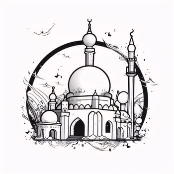 Black and white illustration of matches here in a circle, white background. Mosque as a place of prayer for Muslims. A time to meet with Allah.