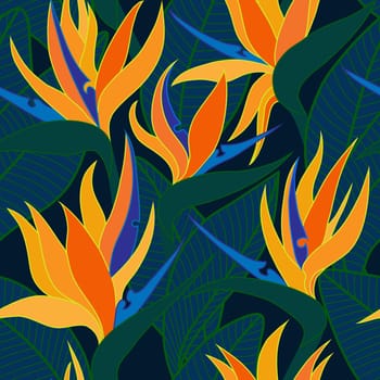 Seamless floral pattern with herbaceous plant of strelitzia. Illustration of plant of bird-of-paradis. 
For fabric, textile, wrapping paper, cover, package. Flowers and tropical leaves.