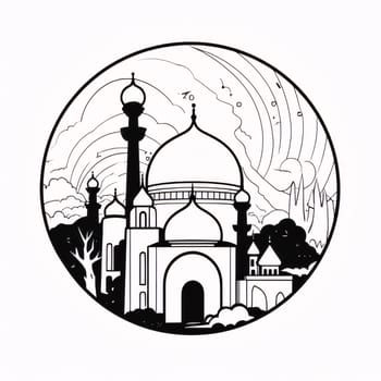 Black and white illustration of matches here in a circle, white background. Mosque as a place of prayer for Muslims. A time to meet with Allah.