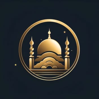 Logo gold illustration, symbol mosque in circle, dark background. Mosque as a place of prayer for Muslims. A time to meet with Allah.