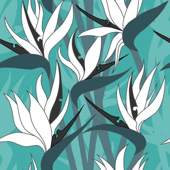 Seamless floral pattern with herbaceous plant of strelitzia. Illustration of plant of bird-of-paradis. 
For fabric, textile, wrapping paper, cover, package. Flowers and tropical leaves.