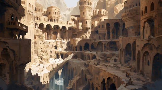 Antique destroyed ruins of the city. Mosque as a place of prayer for Muslims. A time to meet with Allah.