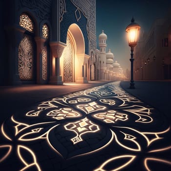 Islamic decorations on the sidewalk of the city with a mosque in the background. Mosque as a place of prayer for Muslims. A time to meet with Allah.