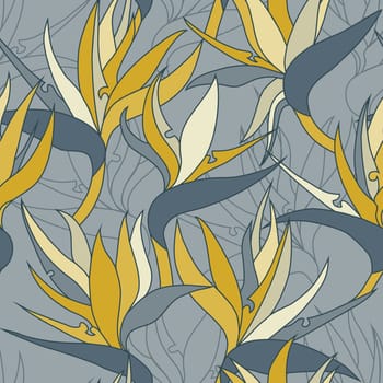 Seamless floral pattern with herbaceous plant of strelitzia. Illustration of plant of bird-of-paradis. 
For fabric, textile, wrapping paper, cover, package. Flowers and tropical leaves.