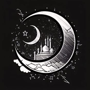 Illustration of a crescent moon on a dark background with an image of a mosque. Mosque as a place of prayer for Muslims. A time to meet with Allah.