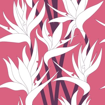 Seamless floral pattern with herbaceous plant of strelitzia. Illustration of plant of bird-of-paradis. 
For fabric, textile, wrapping paper, cover, package. Flowers and tropical leaves.