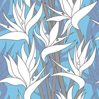 Seamless floral pattern with herbaceous plant of strelitzia. Illustration of plant of bird-of-paradis. 
For fabric, textile, wrapping paper, cover, package. Flowers and tropical leaves.