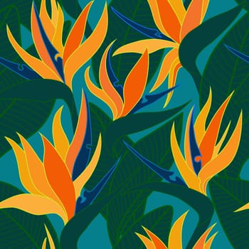 Seamless floral pattern with herbaceous plant of strelitzia. Illustration of plant of bird-of-paradis. 
For fabric, textile, wrapping paper, cover, package. Flowers and tropical leaves.