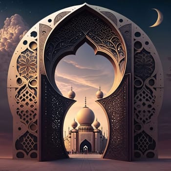 Decorated gate, window overlooking the mosque. Mosque as a place of prayer for Muslims. A time to meet with Allah.