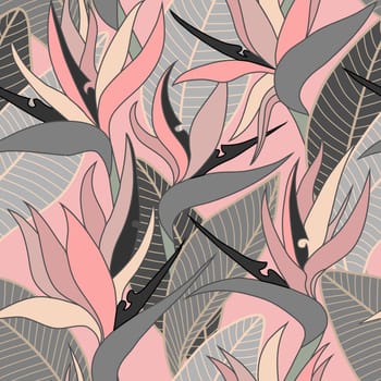 Seamless floral pattern with herbaceous plant of strelitzia. Illustration of plant of bird-of-paradis. 
For fabric, textile, wrapping paper, cover, package. Flowers and tropical leaves.