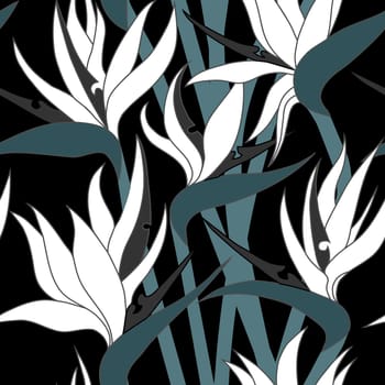 Seamless floral pattern with herbaceous plant of strelitzia. Illustration of plant of bird-of-paradis. 
For fabric, textile, wrapping paper, cover, package. Flowers and tropical leaves.