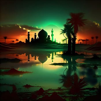 Silhouette of the mosque at sunset, sand, desert, palm trees, water, mirror image. Mosque as a place of prayer for Muslims. A time to meet with Allah.