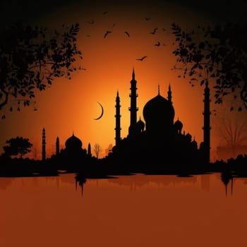 Silhouette of the mosque at sunset. Mosque as a place of prayer for Muslims. A time to meet with Allah.