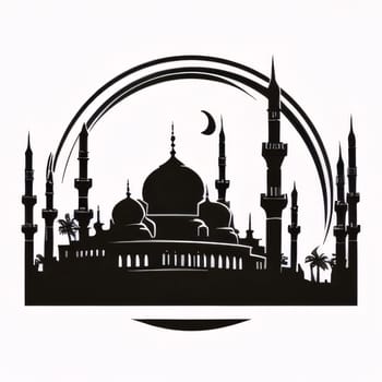 Black silhouette of a mosque with minarets on a white background. Mosque as a place of prayer for Muslims. A time to meet with Allah.