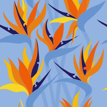 Seamless floral pattern with herbaceous plant of strelitzia. Illustration of plant of bird-of-paradis. 
For fabric, textile, wrapping paper, cover, package. Flowers and tropical leaves.