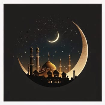 Illustration of mosque with minarets at night against the background of the moon in the composition of the moon on a dark background in a white frame. Mosque as a place of prayer for Muslims. A time to meet with Allah.