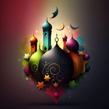 Abstract illustration of colorful mosque towers with stars. Mosque as a place of prayer for Muslims. A time to meet with Allah.