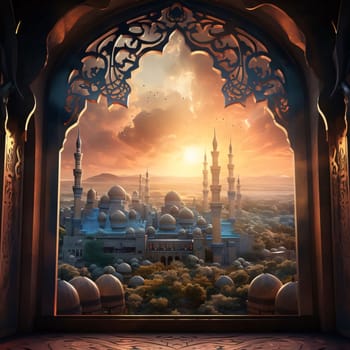 View from a decorated window of a large mosque at sunset. Mosque as a place of prayer for Muslims. A time to meet with Allah.