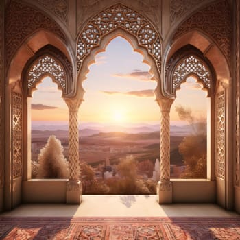 Decorated antique mosque windows overlooking clearing vegetation sunset. Mosque as a place of prayer for Muslims. A time to meet with Allah.