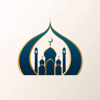 Concept, logo, flame and mosque navy blue and gold, white background. Mosque as a place of prayer for Muslims. A time to meet with Allah.