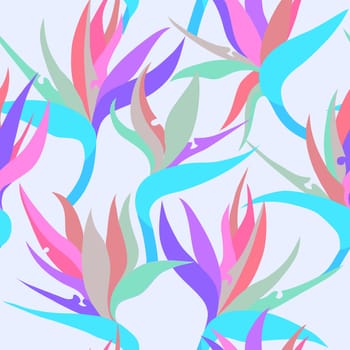 Seamless floral pattern with herbaceous plant of strelitzia. Illustration of plant of bird-of-paradis. 
For fabric, textile, wrapping paper, cover, package. Flowers and tropical leaves.