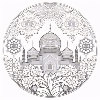 Black and white coloring sheet of a mosque in a circle. Mosque as a place of prayer for Muslims. A time to meet with Allah.