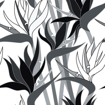 Seamless floral pattern with herbaceous plant of strelitzia. Illustration of plant of bird-of-paradis. 
For fabric, textile, wrapping paper, cover, package. Flowers and tropical leaves.