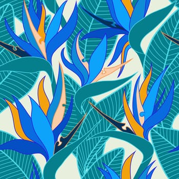 Seamless floral pattern with herbaceous plant of strelitzia. Illustration of plant of bird-of-paradis. 
For fabric, textile, wrapping paper, cover, package. Flowers and tropical leaves.