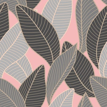 Seamless pattern with stylized leaves. Background Curved lines Leaves Grey and Pink. Vector illustration for your design. Illustration of plant for fabric, textile, wrapping paper, cover, package.