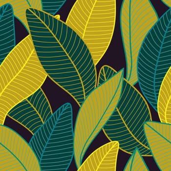 Seamless pattern with stylized leaves. Background Curved lines Leaves Yellow and Green. Vector illustration for your design. Illustration of plant for fabric, textile, wrapping paper, cover, package.