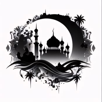 Black and white illustration of minaret towers, palm trees, moon white background. Mosque as a place of prayer for Muslims. A time to meet with Allah.