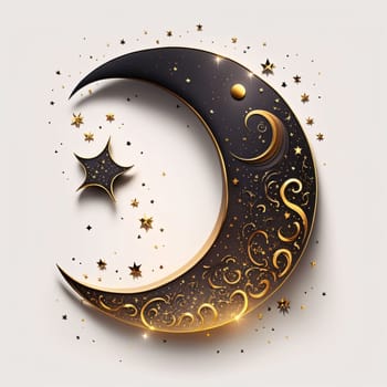 Black moon with gold decorations and star white background. Mosque as a place of prayer for Muslims. A time to meet with Allah.