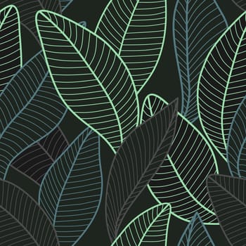 Seamless pattern with stylized leaves. Background Curved lines Leaves Dark and Green. Vector illustration for your design. Illustration of plant for fabric, textile, wrapping paper, cover, package.