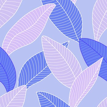 Seamless pattern with stylized leaves. Background Curved lines Leaves Lilac and Purple. Vector illustration for your design. Illustration of plant for fabric, textile, wrapping paper, cover, package.