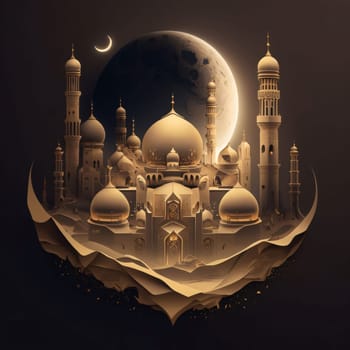 Mosque and high towers concept on a rock against the moon, dark background. Mosque as a place of prayer for Muslims. A time to meet with Allah.