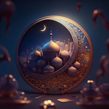 Concept silhouette of Mosque in circle decorated with crescent moon with ornaments blurred dark background. Mosque as a place of prayer for Muslims. A time to meet with Allah.