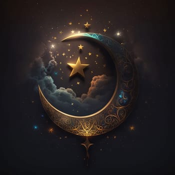 Night concept crescent moon with rich gold decorations in the middle of the cloud and gold stars. Mosque as a place of prayer for Muslims. A time to meet with Allah.