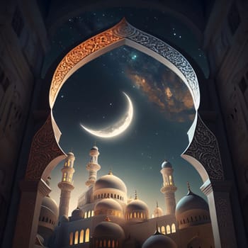 Open great Gate decorated with a view of the mosque in the sky of the moon. Mosque as a place of prayer for Muslims. A time to meet with Allah.
