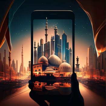 Smartphone screen in hand camera view of skyscrapers, mosque. Mosque as a place of prayer for Muslims. A time to meet with Allah.