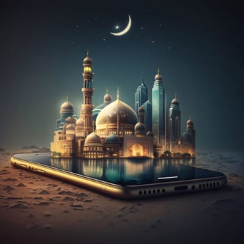 Smartphone concept over it 3d Mosque. Mosque as a place of prayer for Muslims. A time to meet with Allah.