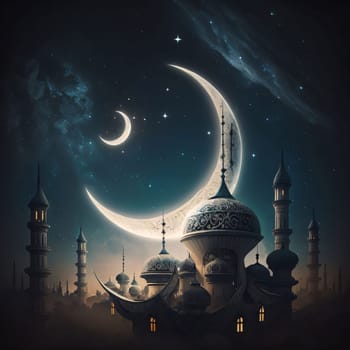 Silhouette of the mosque against the background of the crescent night. Mosque as a place of prayer for Muslims. A time to meet with Allah.