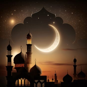 Silhouette of the mosque against the background of the crescent night. Mosque as a place of prayer for Muslims. A time to meet with Allah.