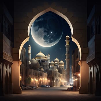 Decorated open gate with an image on the mosque on it a large moon. Mosque as a place of prayer for Muslims. A time to meet with Allah.