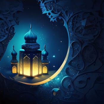 Blue decorated illustration, glowing lanterns. Mosque as a place of prayer for Muslims. A time to meet with Allah.