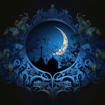 Blue decorated lamp in the middle, silhouette, towers of the mosque and the Crescent Moon. Mosque as a place of prayer for Muslims. A time to meet with Allah.