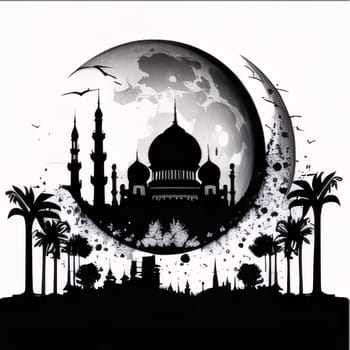 Black and white illustration of minaret towers, palm trees, moon white background. Mosque as a place of prayer for Muslims. A time to meet with Allah.