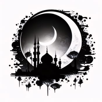 Black and white illustration of minaret towers, moon white background. Mosque as a place of prayer for Muslims. A time to meet with Allah.