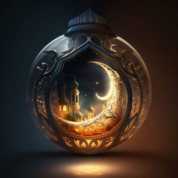 Lantern with an image of a mosque illuminated dark background. Mosque as a place of prayer for Muslims. A time to meet with Allah.